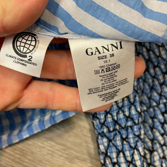 GANNI Blue Plaid Charron Top Crop Longs sleeves blouse Deawstring Front - Picture 7 of 9